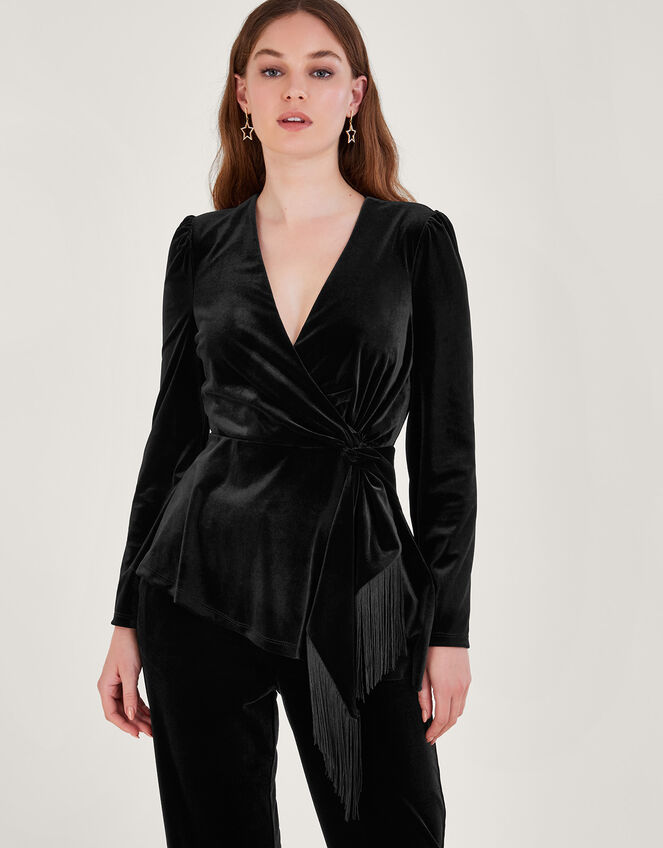 Flossie Velvet Fringe Wrap Top, Black (BLACK), large