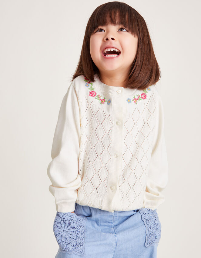 Floral Embroidered Pointelle Cardigan, Ivory (IVORY), large