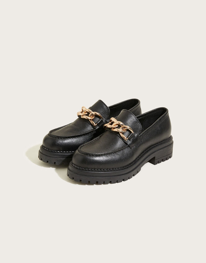 Chain Detail Leather Stomper Loafers, Black (BLACK), large