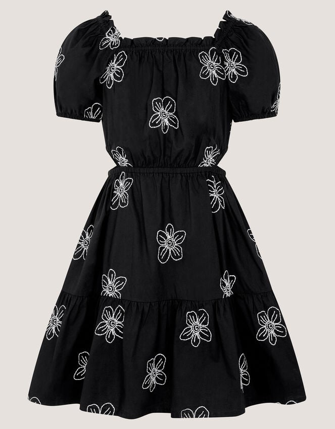 Puff Sleeve Floral Embroidered Dress, Black (BLACK), large