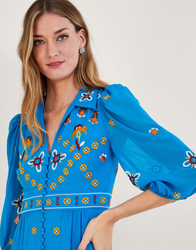 Blair Embroidered Shirt Dress in Recycled Polyester, Blue (BLUE), large