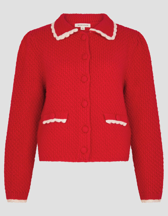 Red Long Sleeve Knit Cardigan With Scalloped Edges