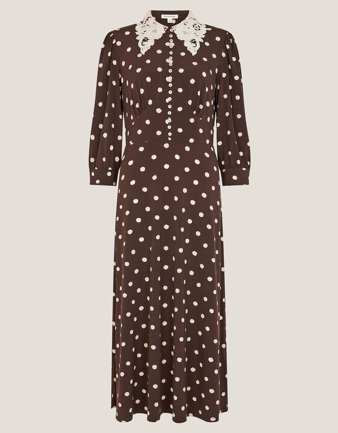 Paris Polka Dot Jersey Midi Dress, Brown (CHOCOLATE), large