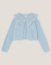 Embellished Collar Fuzzy Cardigan, Blue (BLUE), large