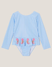 Baby Seahorse Stripe UPF50+ Long Sleeve Swimsuit, Blue (BLUE), large