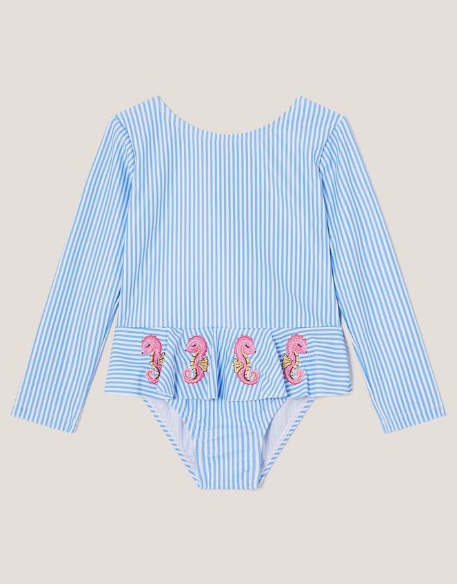 Baby Seahorse Stripe UPF50+ Long Sleeve Swimsuit, Blue (BLUE), large