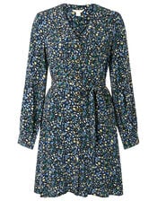 Floral Belted Short Dress, Black (BLACK), large