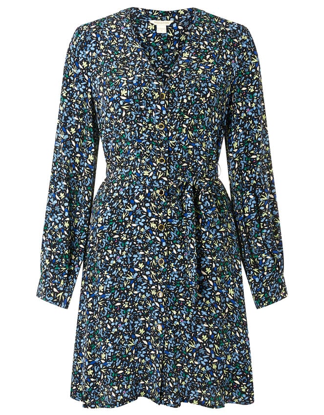 Floral Belted Short Dress, Black (BLACK), large