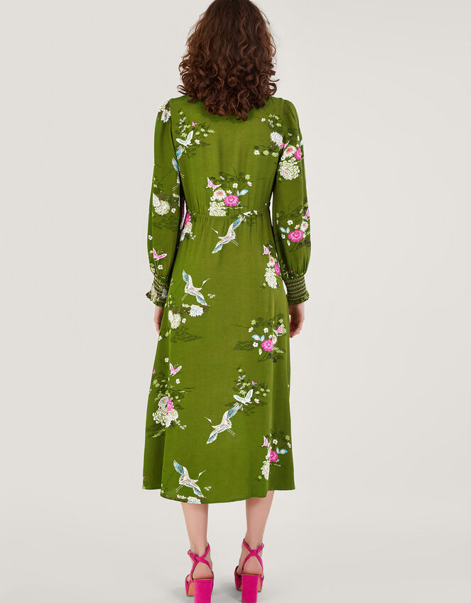 Drew Floral Print Tea Dress in Sustainable Viscose, Green (GREEN), large