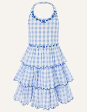 Gingham Halter Embroidered Dress , Blue (BLUE), large