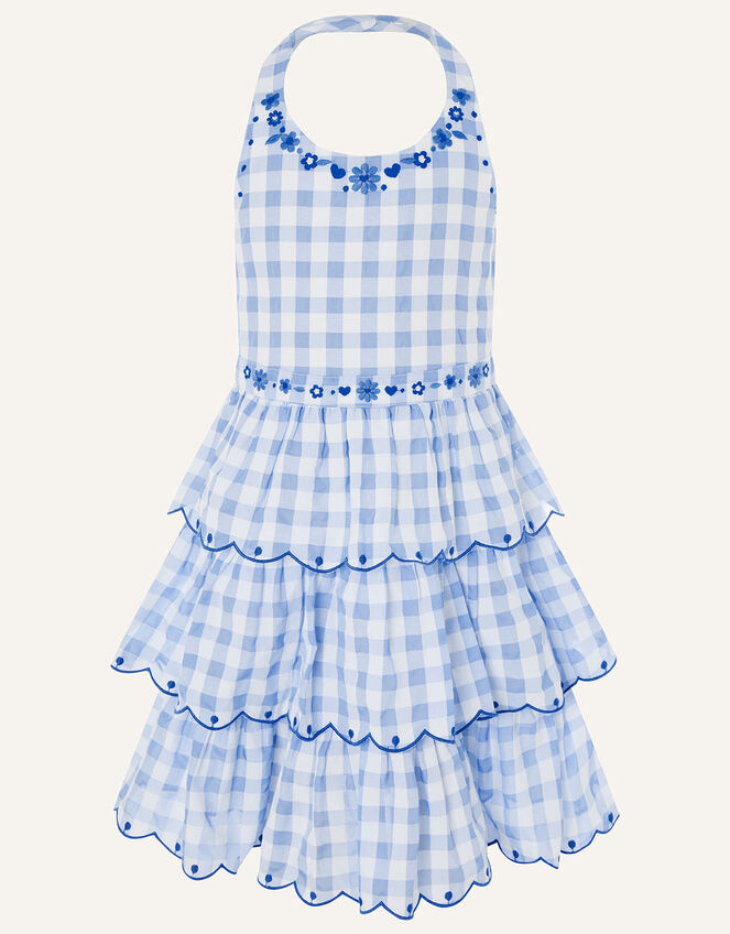 Gingham Halter Embroidered Dress , Blue (BLUE), large