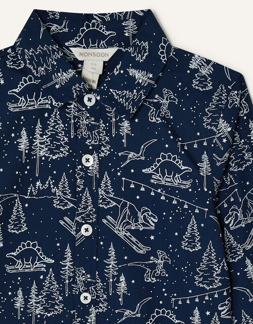 Christmas Dinosaur Print Shirt, Blue (NAVY), large