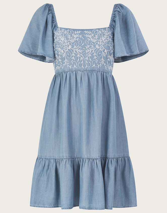 Embroidered Short Denim Dress, Blue (DENIM BLUE), large