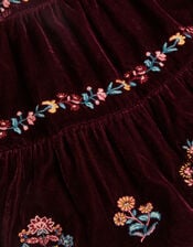 Floral Embroidered Velour Skirt, Red (BURGUNDY), large