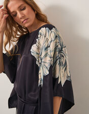 Emilia Floral Satin Kimono Dress, Black (BLACK), large