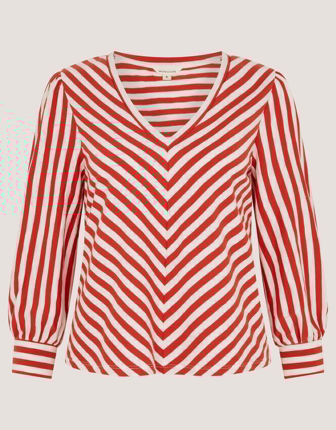 Shayla V-Neck Stripe Jersey Top, Ivory (IVORY), large