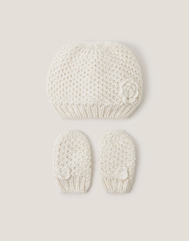 Baby Knit Beanie & Mitten Set, Ivory (IVORY), large
