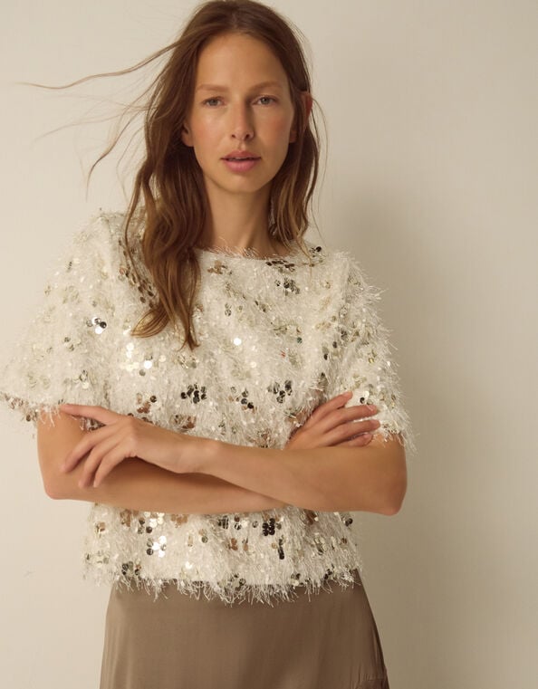 Saskia Short Sleeve Sequin Fringe Top , Ivory (IVORY), large