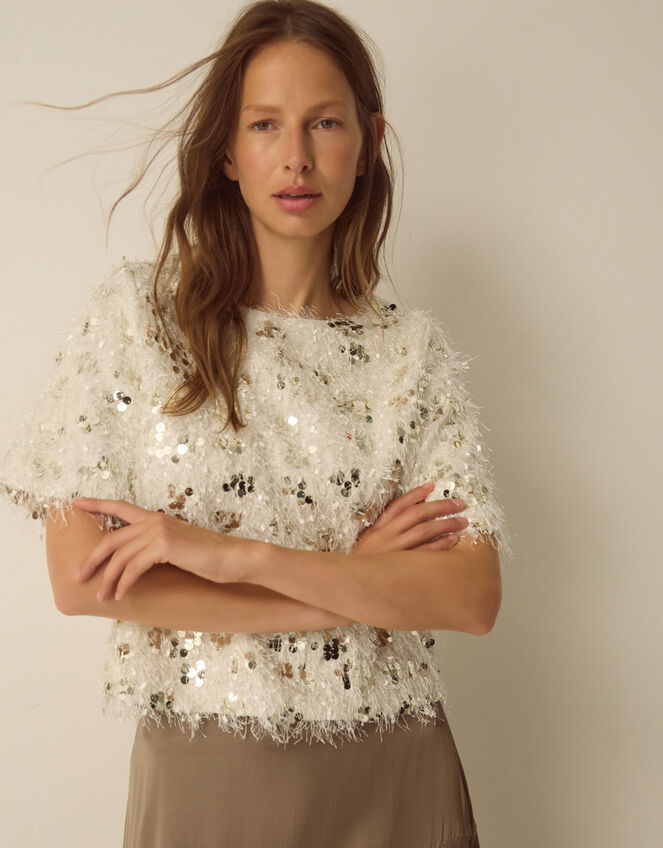 Saskia Short Sleeve Sequin Fringe Top , Ivory (IVORY), large