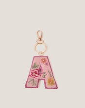 Floral Embroidered Initial Keyring, Pink (PINK), large