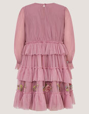 Sequin Embroidered Ruffle Mesh Dress, Pink (PINK), large