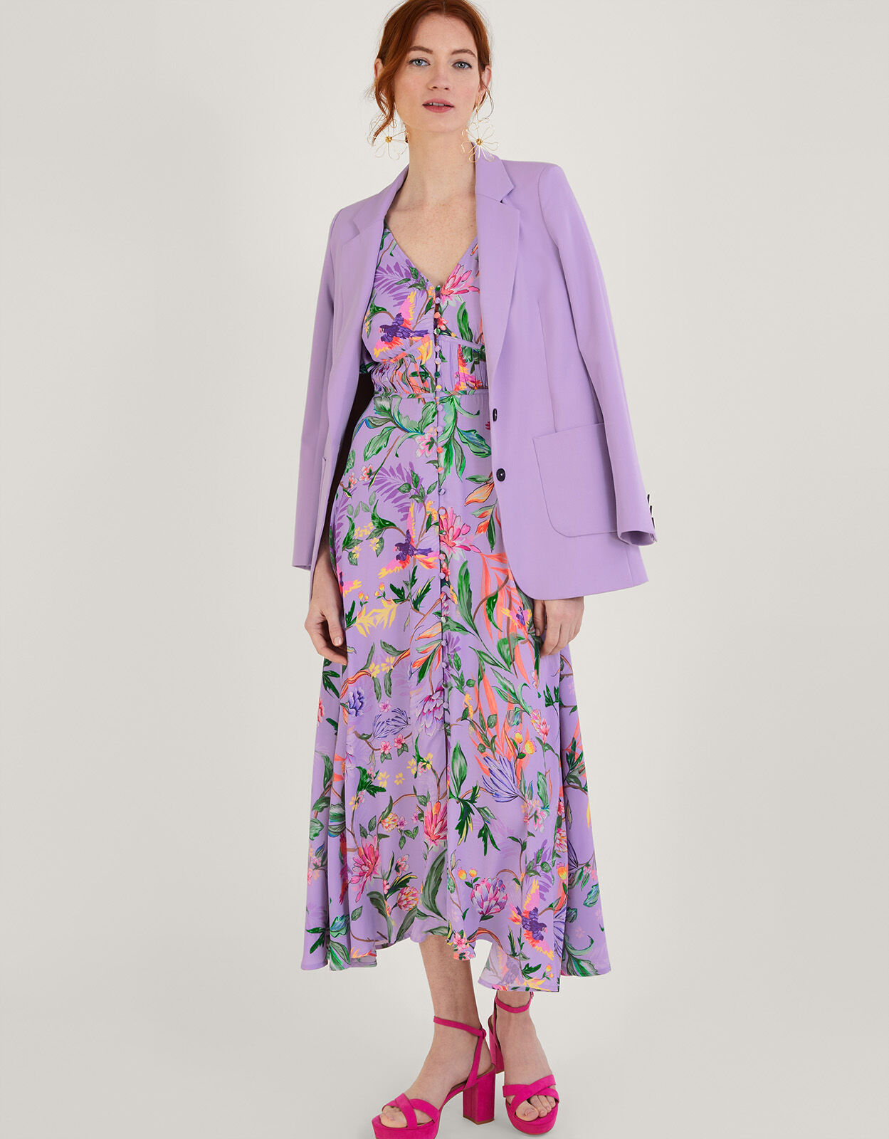 Calypso Print Midi Dress in Sustainable Viscose Purple Evening