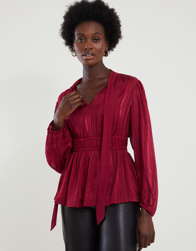 Lily Metallic Pussybow Blouse , Red (BURGUNDY), large