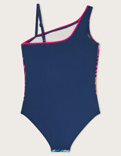 Asymmetric Leopard Swimsuit, Blue (NAVY), large