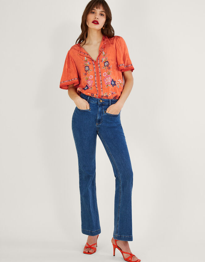Odelia Embroidered Floral Top in Sustainable Viscose, Orange (ORANGE), large
