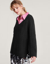V-Neck Cable Longline Jumper with Recycled Polyester , Black (BLACK), large