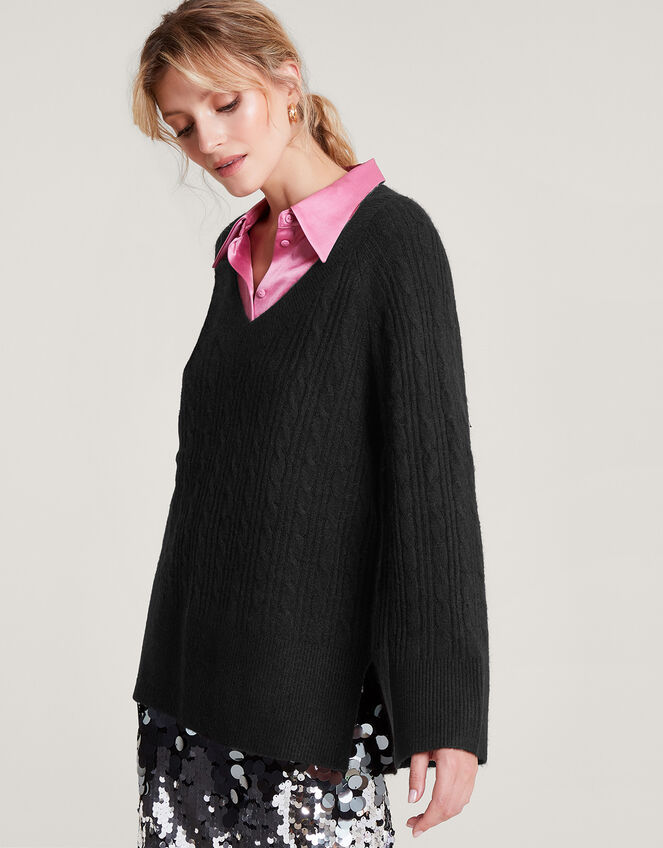 V-Neck Cable Longline Jumper with Recycled Polyester , Black (BLACK), large