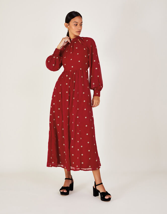 Kate Embroidered Midi Dress, Red (RED), large