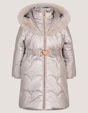 Metallic Belted Puffer Coat, Cream (CREAM), large