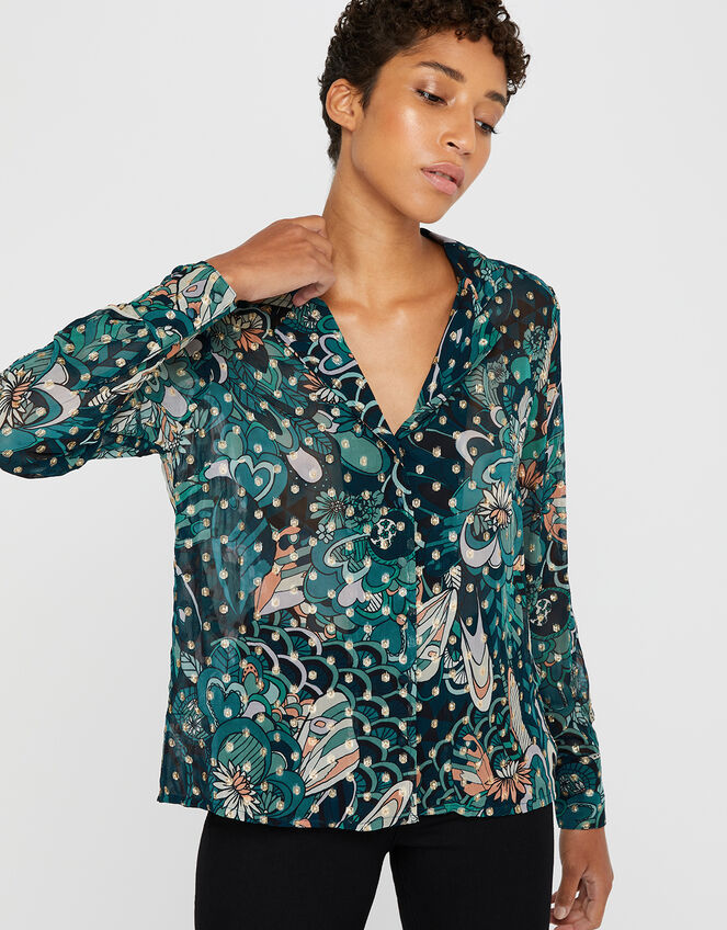 Zoe Floral Metallic Shirt, Teal (TEAL), large