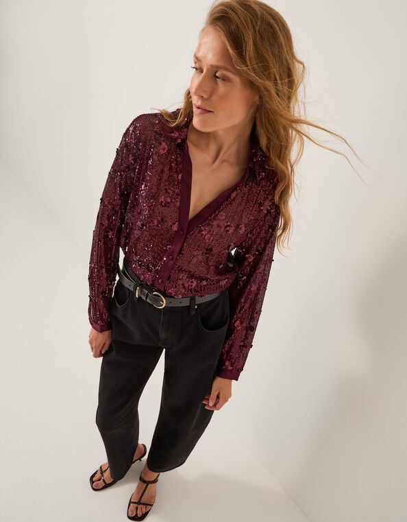 Seema Sequin Shirt, Purple (AUBERGINE), large