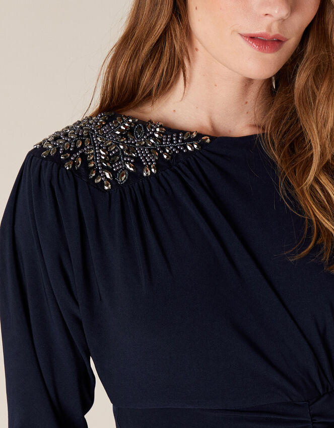 Danielle Beaded Shoulder Jersey Dress, Blue (NAVY), large