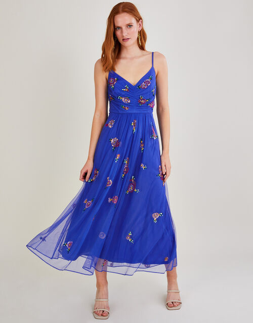 Emma Embellished Midi Dress in Recycled Polyester, Blue (BLUE), large