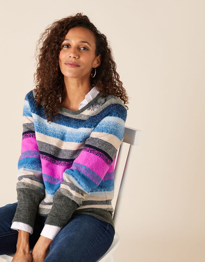 Button Shoulder Stripe Knit Jumper, Blue (BLUE), large