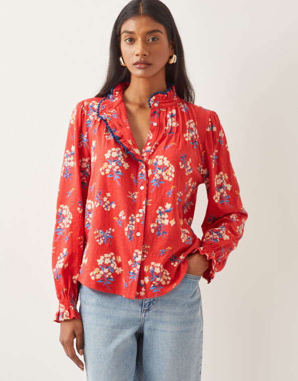 Sarah Frill Floral Print Shirt, Red (RED), large
