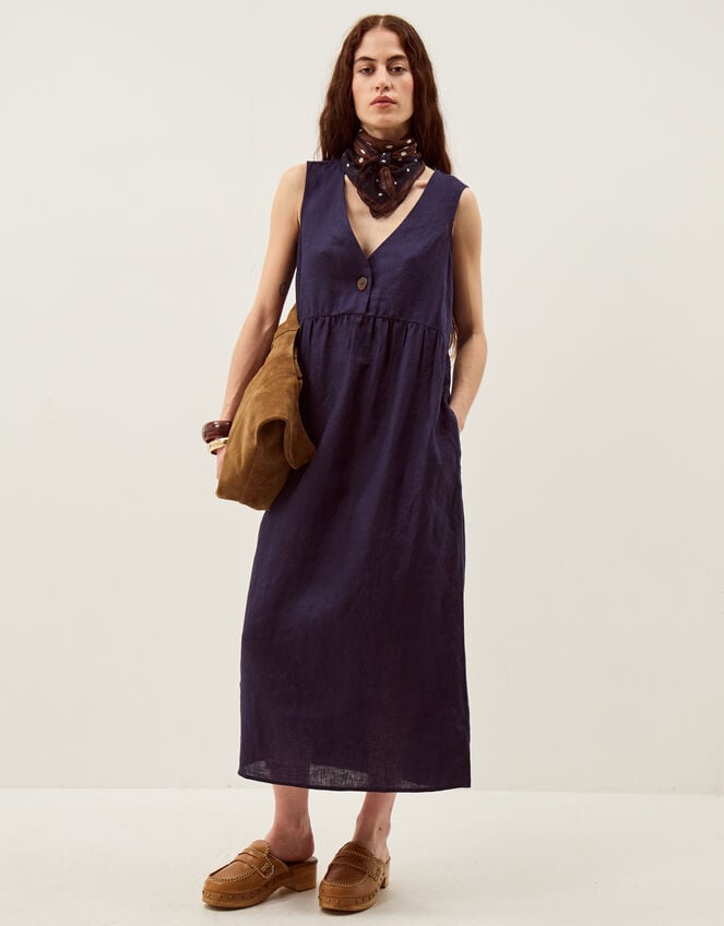 Posey Sleeveless Linen Midi Dress, Blue (NAVY), large