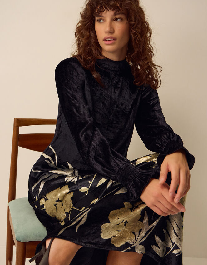 Clemence Paloma High Neck Floral Print Velvet Midi Dress, Black (BLACK), large