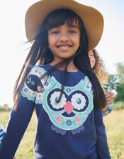 Owl Applique Embellished Sweatshirt, Blue (NAVY), large