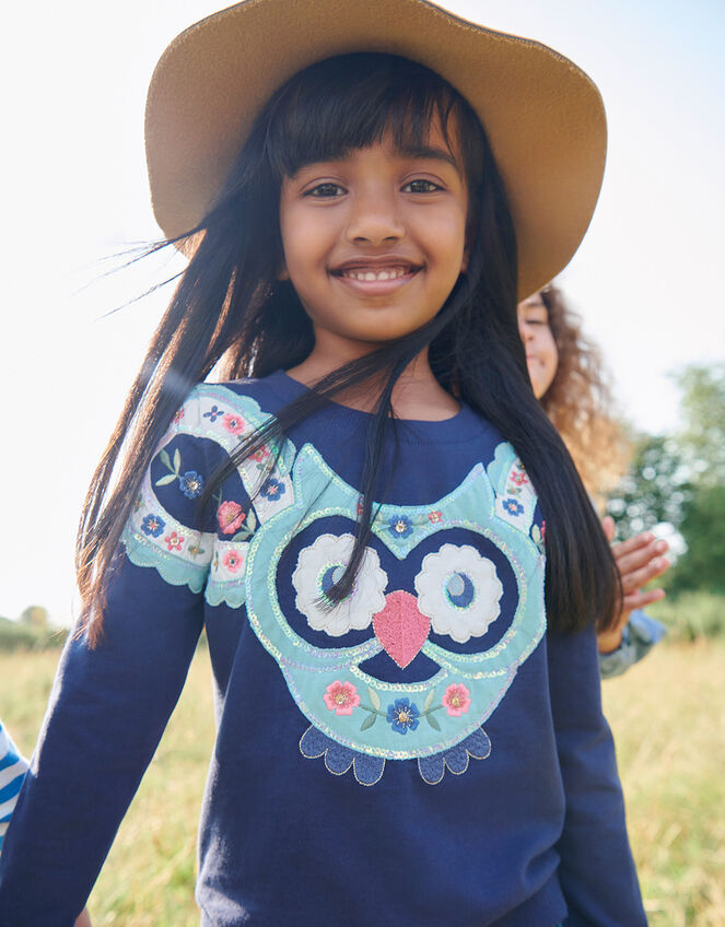 Owl Applique Embellished Sweatshirt, Blue (NAVY), large