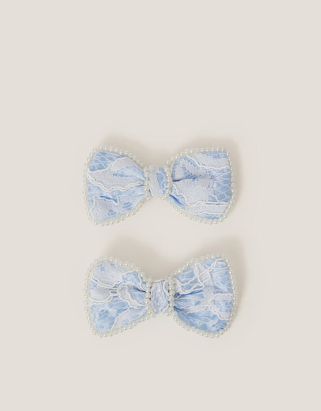 2-Pack Pearly Lace Bow Hair Clips, Blue (BLUE), large