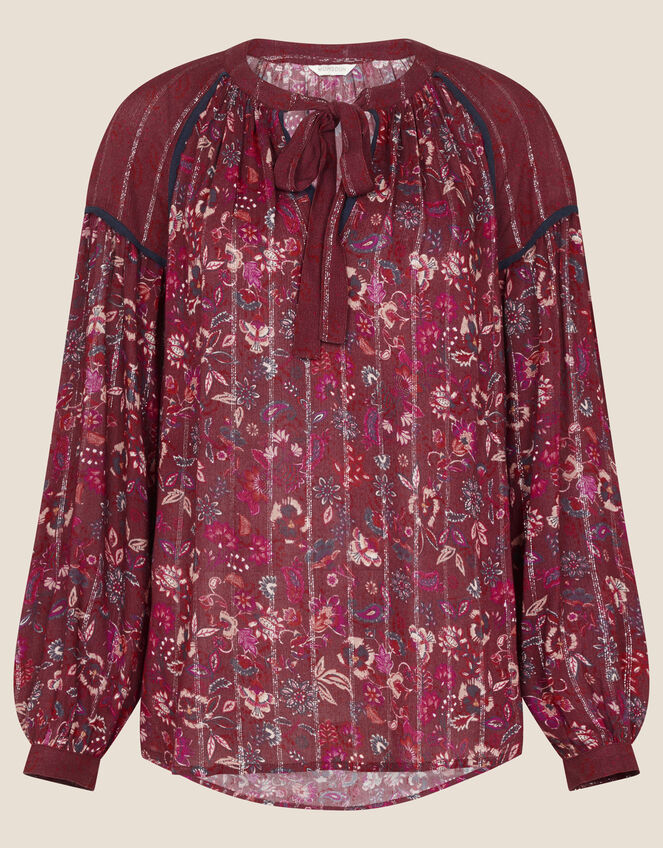 Indie Printed Tie Neck Blouse, Red (BERRY), large