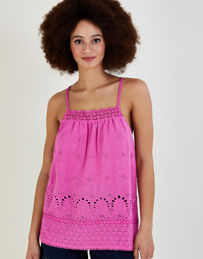 Broderie Detail Cami Top in Sustainable Cotton Pink, Vests, Camisoles And  Sleeveless Tops