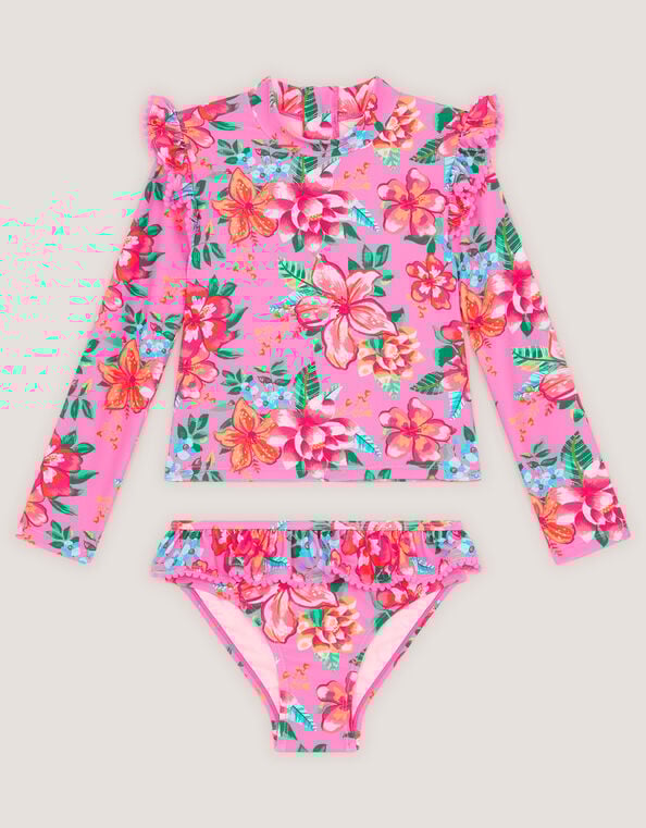 Tropical Flower Print UPF50+ Long Sleeve Swim Set, Pink (PINK), large
