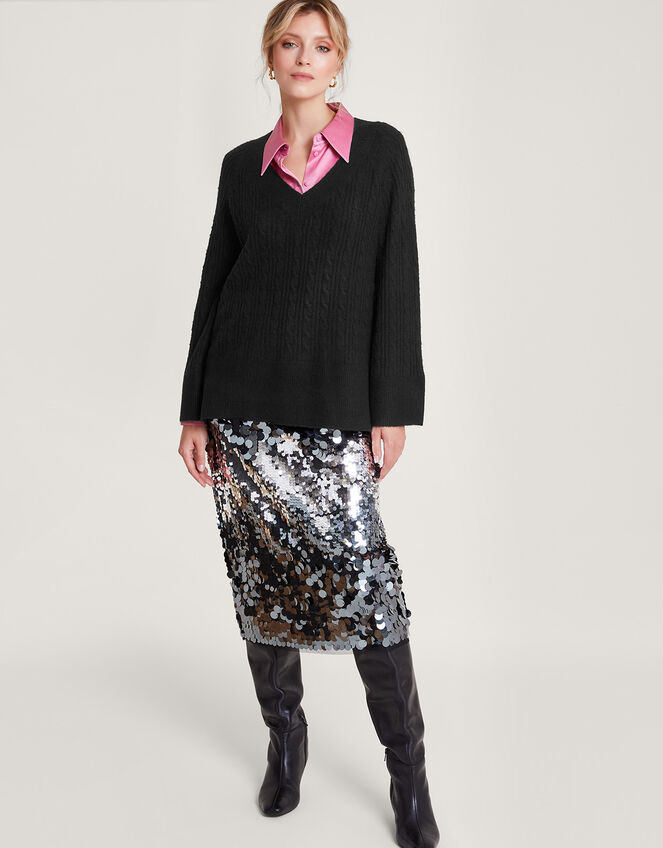 V-Neck Cable Longline Jumper with Recycled Polyester , Black (BLACK), large