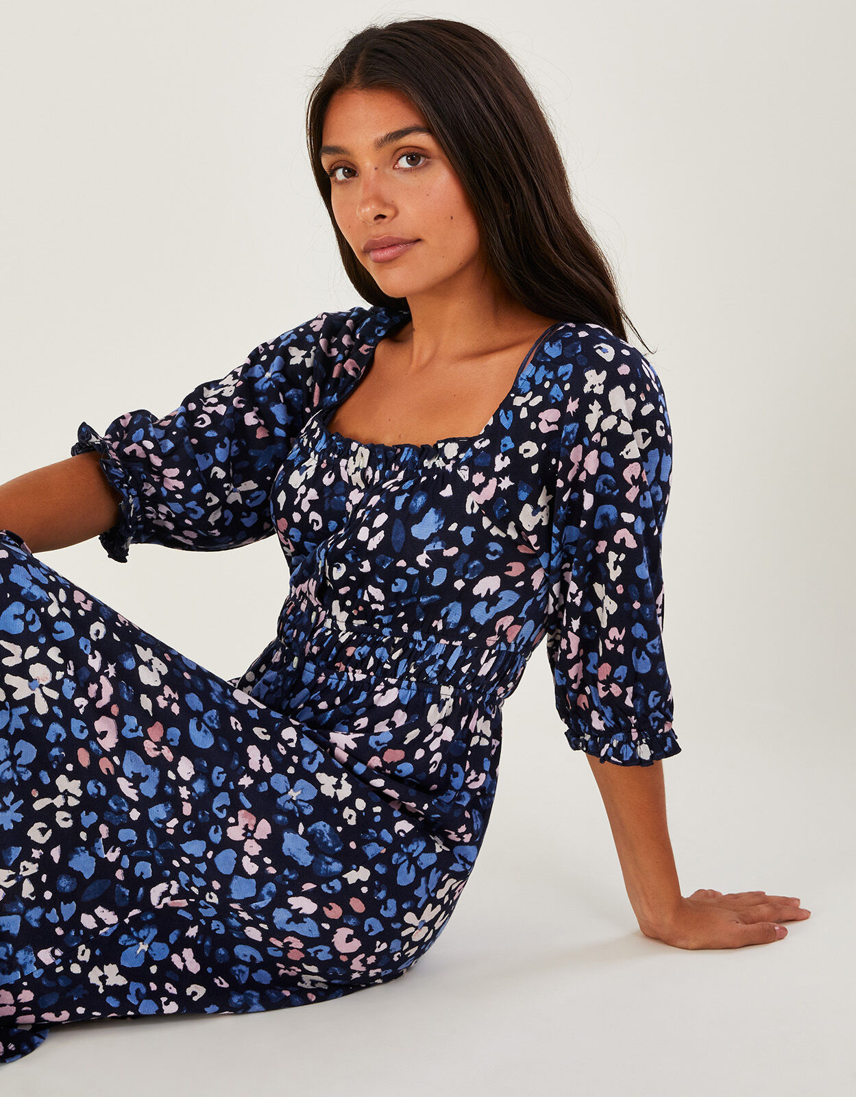 Ditsy Shirred Midi Dress with Sustainable Cotton Blue