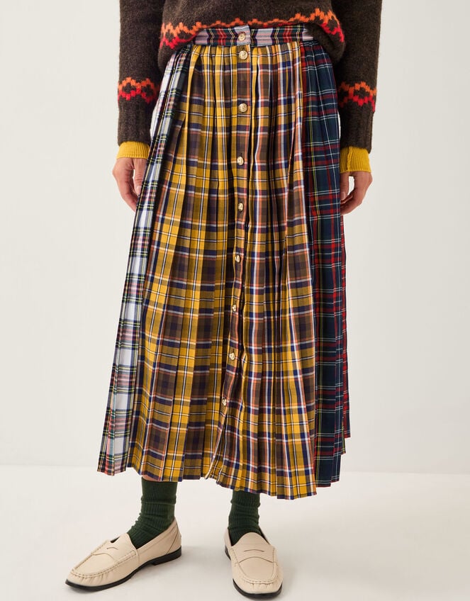 Monsoon x Sarah Corbett-Winder Tartan Pleated Midi Skirt, Yellow (YELLOW), large